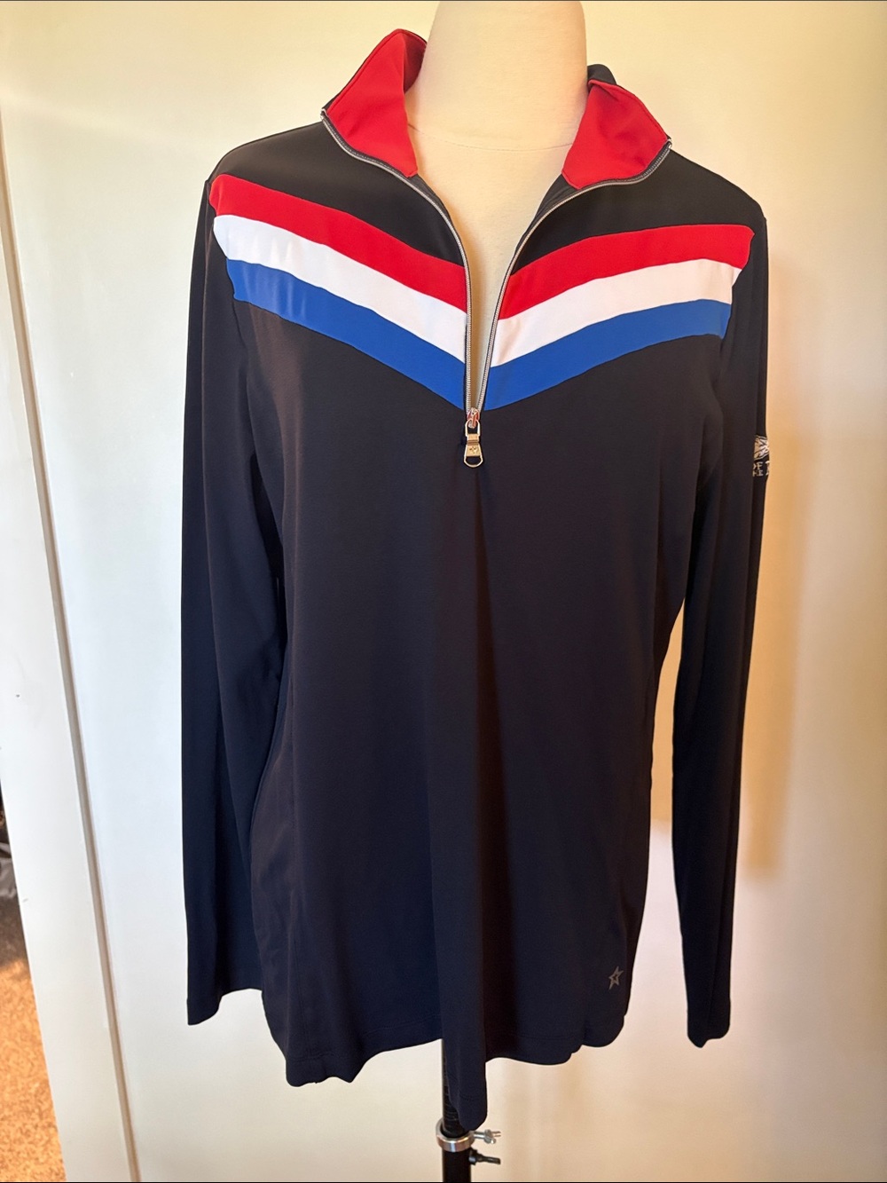 Women's Black V-Neck Pullover with Red, White & Blue Chevron Detail